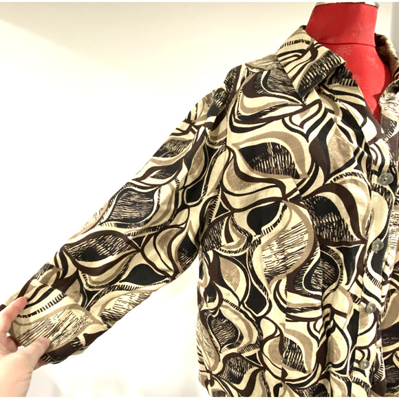 Womens 2X plus size linen rayon blend blouse casual brown tan abstract print - Picture 2 of 10